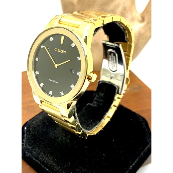 Citizen Men's Watch AU1062-56G Eco Drive Diamond Accent Black Dial Gold Steel - Picture 2 of 13